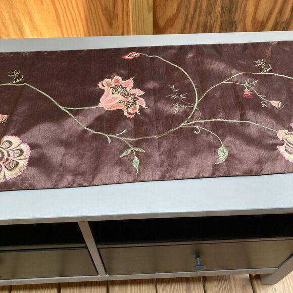 Flower and Leaves Embroidered Table Runner Rich Dark Brown 72 x 14 inch - Picture 2 of 8